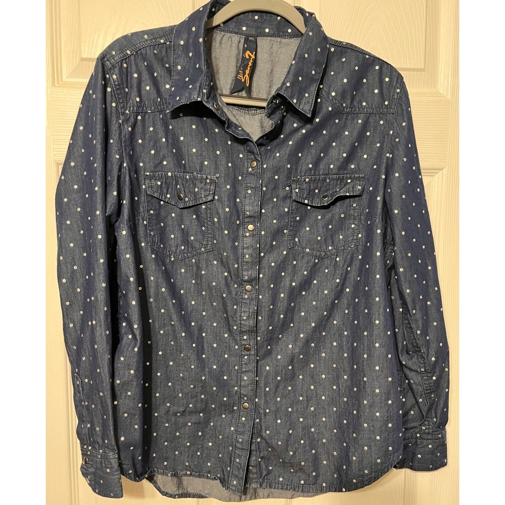 Seven7 Womens XL Denim Shirt Dark‎ Wash Silver Polka Dot Snap Front Western Top